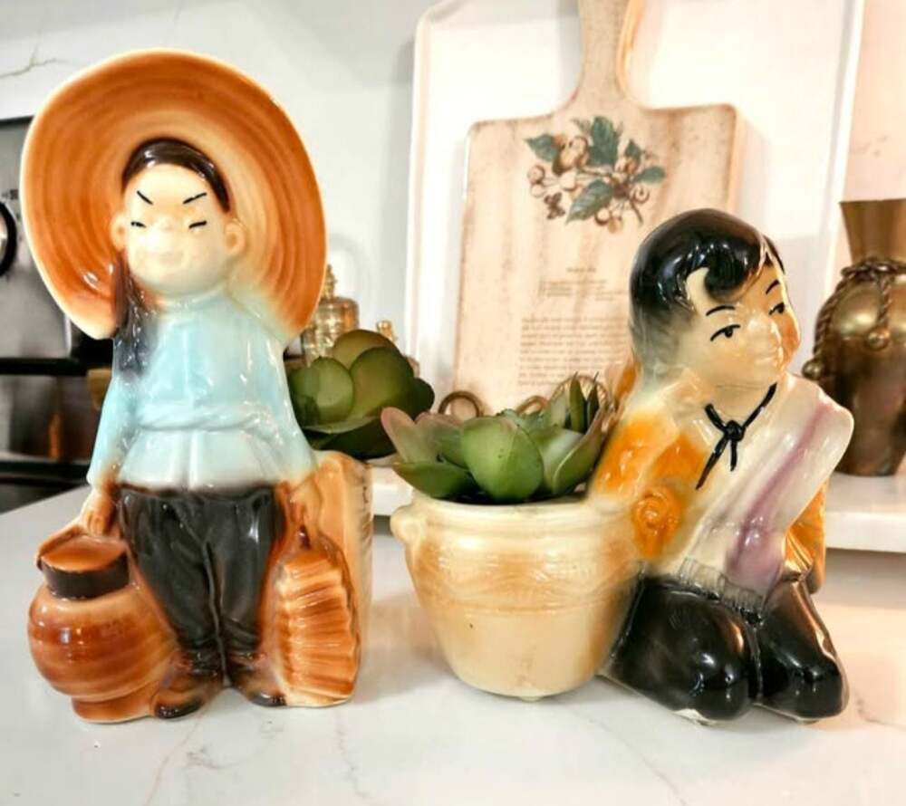 Vintage Royal Copley Asian Figurative Porcelain Planter Pair